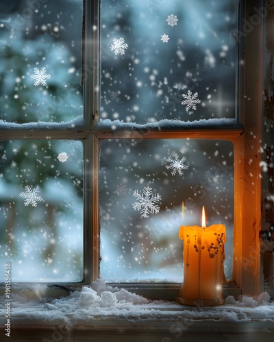 Snowflakes Sticking to Rustic Windowpane Framed by Candlelight in Atmospheric Seasonal Composition
