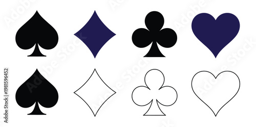 Playing card suits icon set casino symbols vector illustration isolated on white background for game design assets
