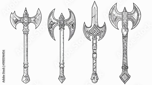 Four stylized grayscale illustrations of fantasy battle axes, each featuring a unique design on a white background