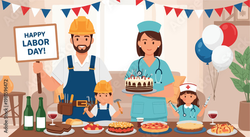 Family celebrating Labor Day with construction worker father and nurse mother