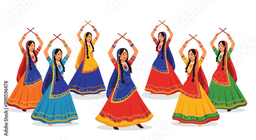 Indian women in traditional attire performing a colorful Dandiya stick dance