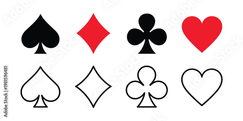Playing card suits icon set casino symbols vector illustration clean isolated design for poker and gambling themes