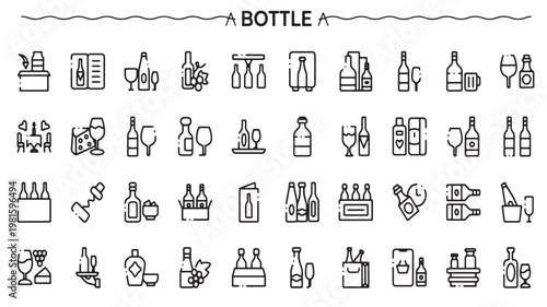 Wine bottle and glass icons set for restaurant, bar, menu and beverage branding vector design