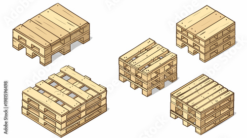 Isometric view illustration of five wood pallets in various perspectives, on a white background