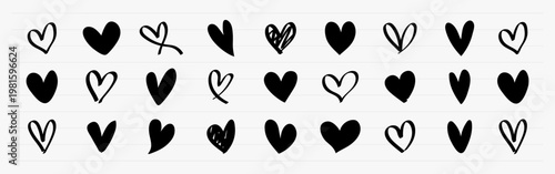 Set of 24 black heart doodles. Various heart shapes, heart designs, and heart patterns. Simple heart illustrations, hand-drawn heart collection, black heart icons. Valentine's element vector set.