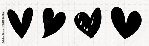 Four black heart shapes in a row. Simple black hearts on a grid background. Heart shapes are bold and black, creating a striking contrast. Valentine's element vector set.