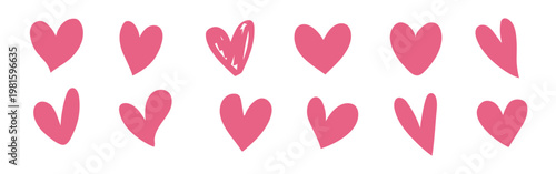 A pattern of pink hearts, featuring various pink heart designs. Pink hearts repeated in a row, showcasing different pink heart styles. Pink heart collection. Valentines doodle vector set.