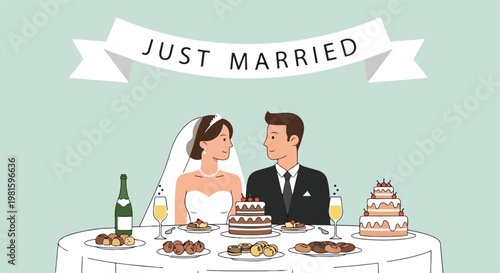 Bride and groom celebrate at their wedding table, under a "Just Married" banner