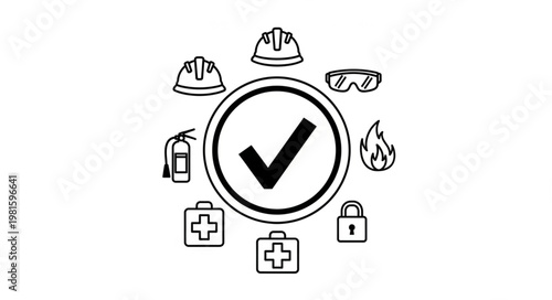 Safety Compliance Checklist with Protective Gear and Emergency Equipment Icons.
