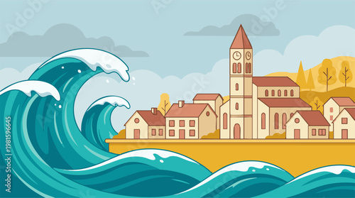 Massive tsunami waves approaching a coastal town with church and houses