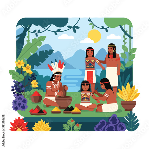 Indigenous community in tropical forest making natural pigments and body paint