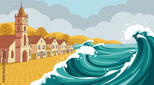 Massive tsunami waves threaten a coastal village with a church and houses