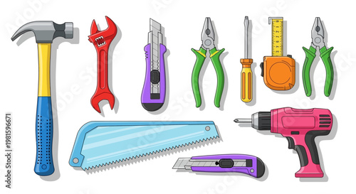Colorful illustration of various tools.