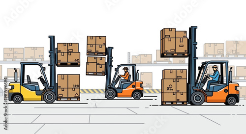 Forklifts with boxes in warehouse setting.