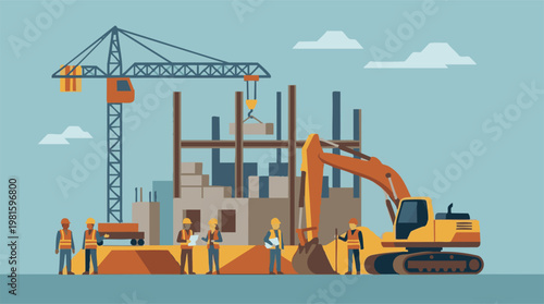 Construction site with crane, excavator, and workers in safety gear