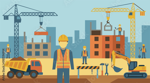 Construction site with workers, cranes, and heavy machinery, flat design illustration