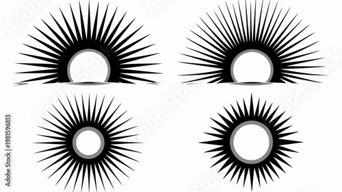 Four stylized illustrations, each depicting a sun-like form radiating from a central circle