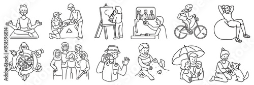 Line art illustrations of diverse activities: yoga, painting, cycling, and more. Includes men, women, and children of various ethnicities engaging in hobbies. Doodle element vector set.