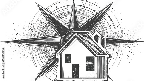 Stylized black and white drawing of house overlayed on compass with splattered detail background