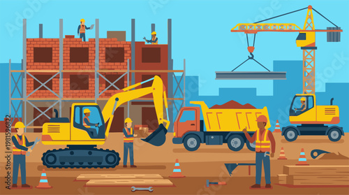 Construction site with workers, building, heavy machinery, and steel beam lift