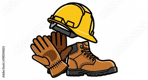 Safety Gear Illustration - Hard Hat, Work Boots, and Protective Gloves.