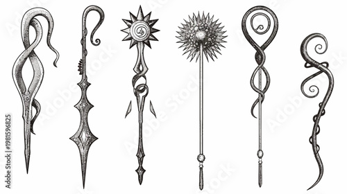 Black and white illustration of six stylized weapons or scepters with various intricate designs