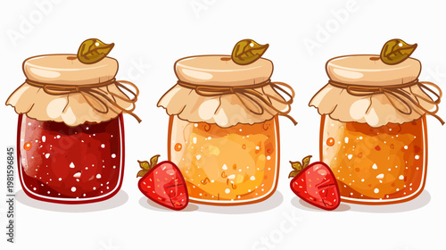 Three jars filled with colorful jam, topped with leaf-adorned lids and tied with twine