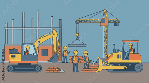 Construction site with workers and heavy machinery building a new structure
