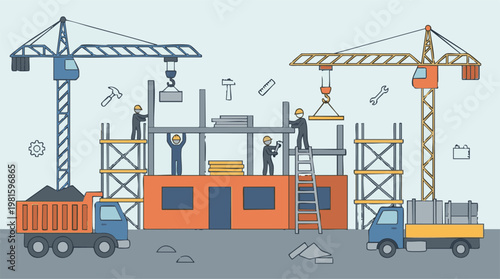 Building construction site with busy workers and heavy machinery