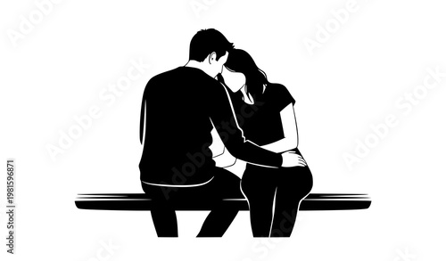 Romantic couple silhouette bench sitting vector love emotional relationship illustration