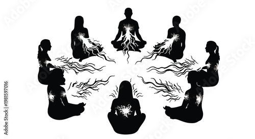 Group meditates in circle, energy flowing from their hearts, symbolizing connection and unity.