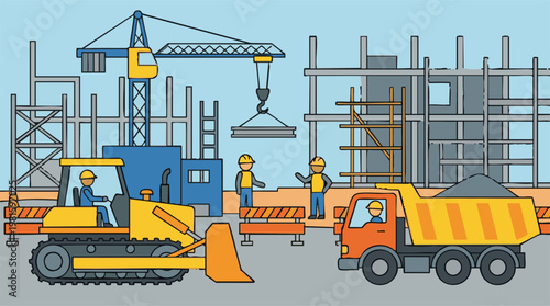 Busy construction site with heavy machinery and workers building a structure