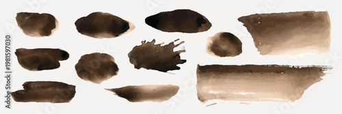Collection of brown watercolor brush strokes. Various shapes and textures. Brown watercolor splashes and strokes. Artistic brush strokes in brown hues. Element vector set.