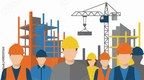 Team of construction workers on a building site with crane and structures