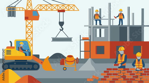 Construction site with workers, heavy machinery, and building process