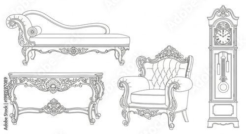 Ornate Furniture Set - Chaise Lounge, Console Table, Armchair, and Grandfather Clock.