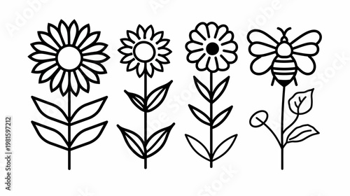 Stylized black and white illustrations of flowers and a bee on a white background. Outlines create the forms