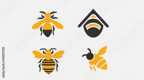 Simplified graphic showing bees and hive designs in black and yellow, suitable for branding