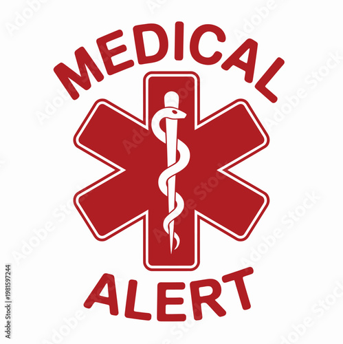 Red medical alert star of life symbol with caduceus vector illustration for hospital emergency and medical services
