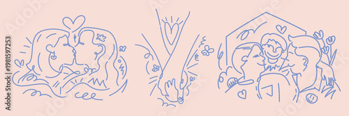 Line art of diverse couples kissing, embracing love. Couples, love, and romance depicted in simple, elegant lines. Romantic, diverse, affectionate art. Doodle vector set.