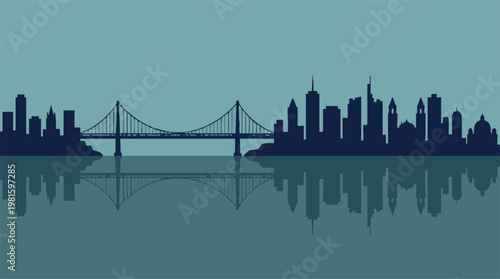 City skyline with a suspension bridge and water reflection in silhouette