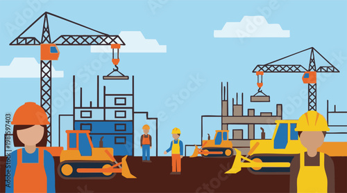 Flat Design Illustration: Construction Site with Workers and Heavy Equipment