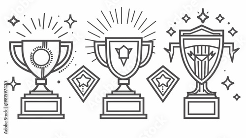 Three line art trophy illustrations with radiant lines, sparkles, and star shapes