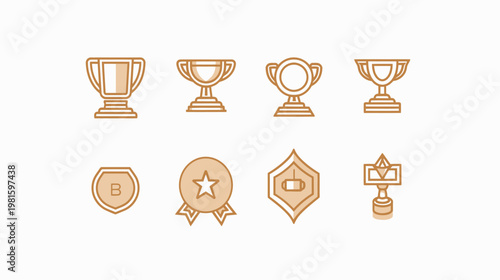 Collection of eight line art illustrations, featuring trophies, medals, and award symbols in a simple, flat design