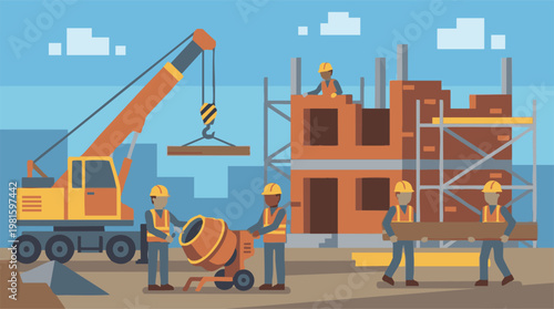Construction site with workers, crane, and building in progress