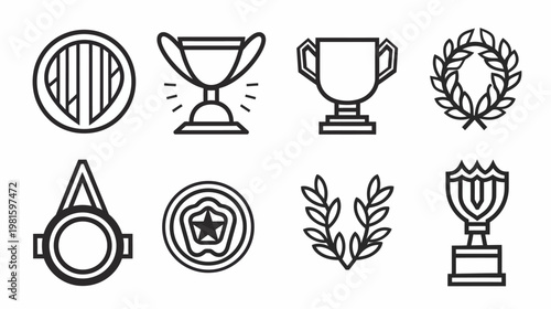 Eight various black and white line art icons depicting awards and laurel wreaths