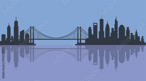 City skyline and suspension bridge silhouette with reflection in water