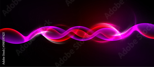 Vibrant waves, pinks, reds blend. Smooth curves create dynamic light effect against dark background. Modern abstract design.