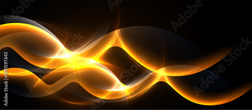 Bright orange swirls radiate from center. Dark background emphasizes luminous curves, creating dynamic visual effect. Smooth lines suggest movement.