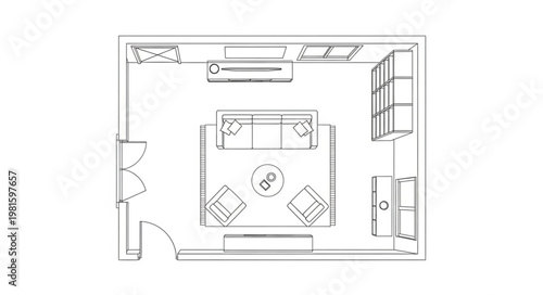 Overhead view of a room layout with furniture arrangement.